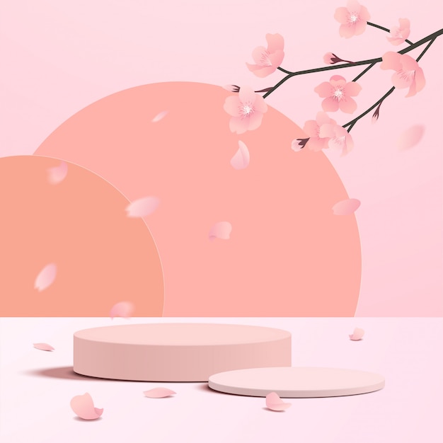 Abstracte minimale scène met geometrische vormen. cilinder podium display of showcase mockup voor product in roze achtergrond met papieren sakura bloem.