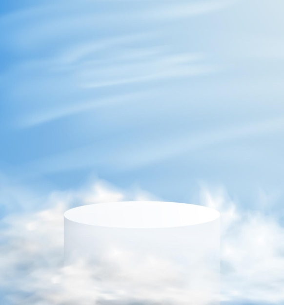 Abstracte minimalistische achtergrond met een voetstuk in de wolken. leeg podium voor productdemonstratie met blauwe lucht op de achtergrond.