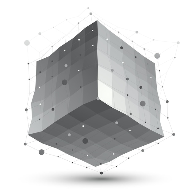 Abstracte misvormde monochroom vectorobject met lijnen mesh geïsoleerd op een witte achtergrond, ingewikkelde raster kubus.