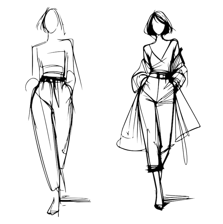 Vector abstracte mode-illustratie meisje in broek korte haar schets