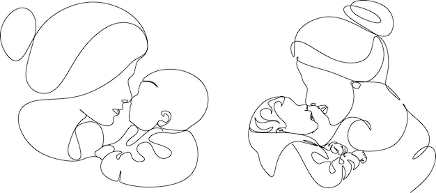 Abstracte moeder met een kind in continue één lijntekening kunststijl. Moederdag kaart