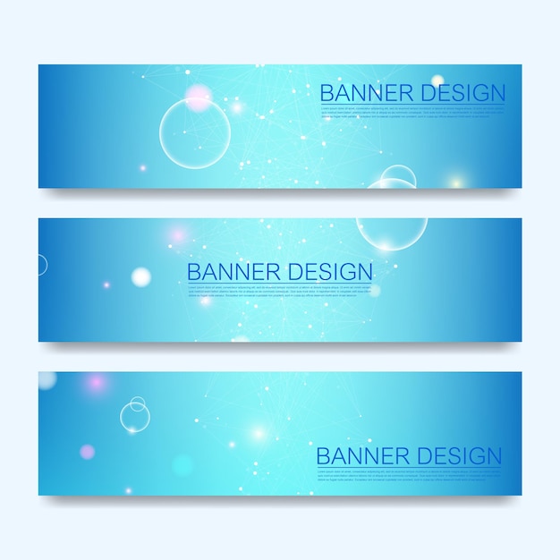 Abstracte moleculen banners set met lijnen, stippen, cirkels, veelhoeken. vector ontwerp netwerk communicatie achtergrond. futuristisch digitaal wetenschapstechnologieconcept voor websjabloon voor spandoek of brochure.