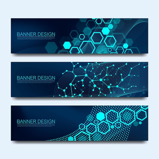 Abstracte moleculen banners set met lijnen stippen cirkels veelhoeken vector ontwerp netwerkcommunicatie