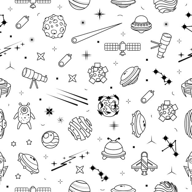 Abstracte Naadloze Patroon Doodle Collectie Aliens Ufo Planeten Galaxy Space Logo Vector Design Stijl