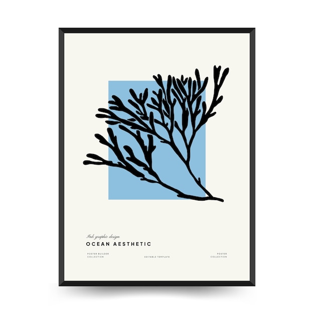 Abstracte oceaan en zee posters sjabloon. Moderne zee Botanische trendy zwarte stijl. Uitstekend zeewier