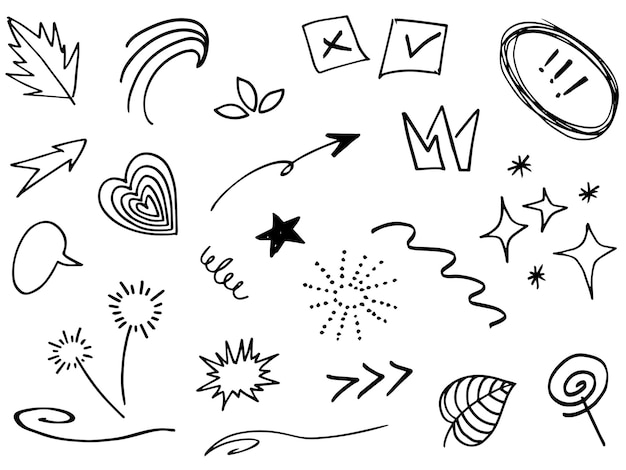 Abstracte pijlen linten harten sterren kronen en andere elementen in een handgetekende stijl voor conceptontwerpen krabbelillustratie vectorillustratie