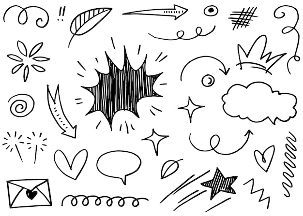 Abstracte pijlen linten kronen harten explosies en andere elementen in de hand getekende stijl voor conceptontwerp Doodle illustratie Vector sjabloon voor decoratie