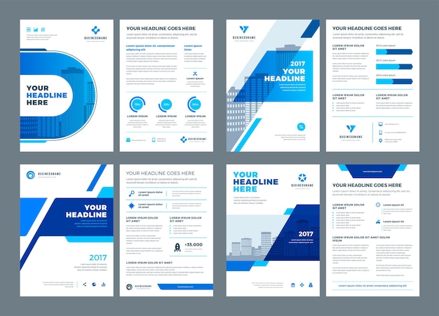 Abstracte platte achtergrond blauwe brochures jaarverslagen covers of brochures flyers ontwerpsjablonen instellen vectorillustratie goed voor promotie banners en sociale media reclame