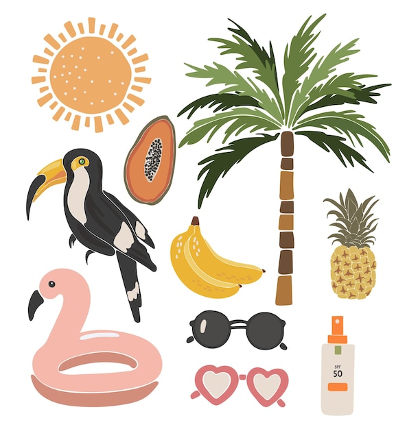 Abstracte pool party set vector Zomerfeest illustratie Roze opblaasbare flamingo