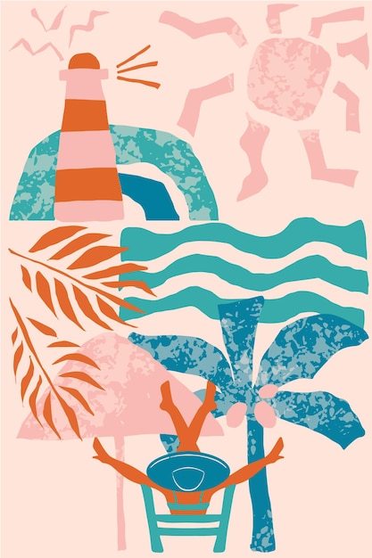 Vector abstracte poster met een meisje op het strand met palmbomen, zeevuurtoren en vogels summer chill