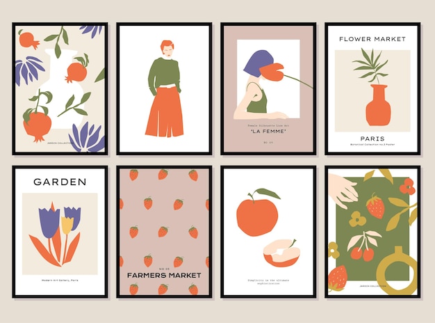 Abstracte postercollectie met vrouw silhouetten bloemen en voedselillustraties voor interieur