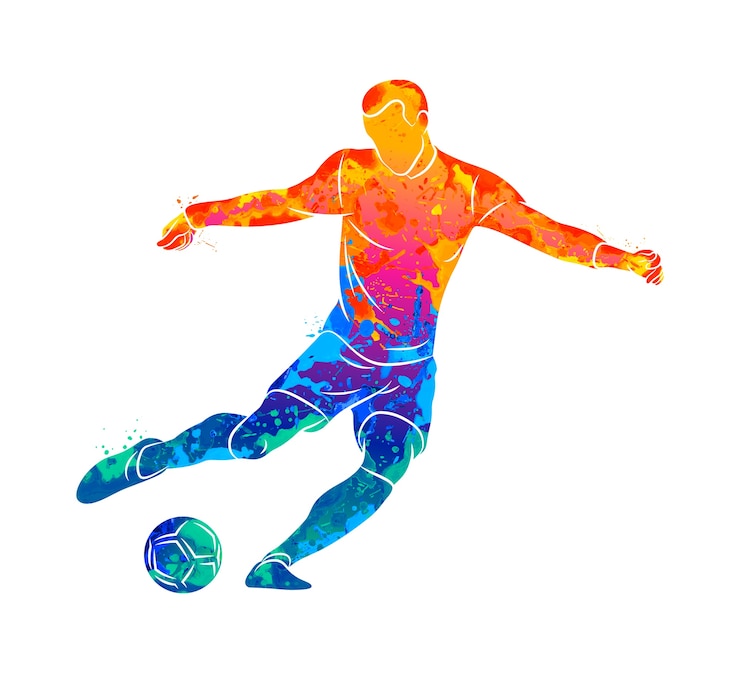 Vector abstracte professionele voetballer schieten snel een bal uit splash van aquarellen. illustratie van verven