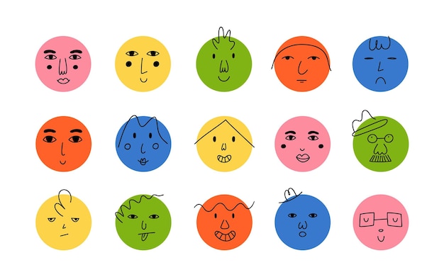 Abstracte ronde gezichten grappige stripfiguren met verschillende emoties doodle stijl gelukkig trendy avatars glimlach mensen portret hedendaagse geometrische illustratie hand getekende vector geïsoleerde set