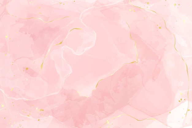 Vector abstracte roze blush vloeibare aquarel achtergrond met gouden lijnen stippen en vlekken