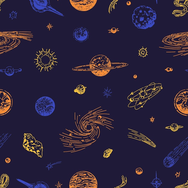 Abstracte ruimte naadloos patroon Sieraad van planeten sterren kometen asteroïden sterrenstelsels Handgetekende vector kosmische illustraties in retro gravure stijl