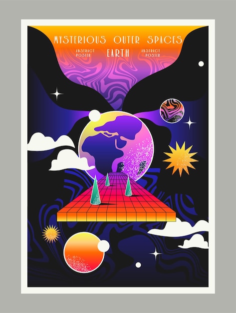 Abstracte ruimte poster vintage flyer met planeten in de ruimte pad in onbekende duisternis en
