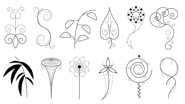 Abstracte set doodle handgetekende collectie botanische kruiden flora blad tak wijnstok bloem planten