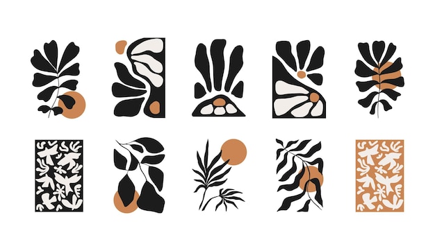 Abstracte set van uurwerk bloemen elementen Moderne trendy minimalistische Matisse stijl Hand getekend voor behang muur decor print briefkaart voorbladsjabloon banner