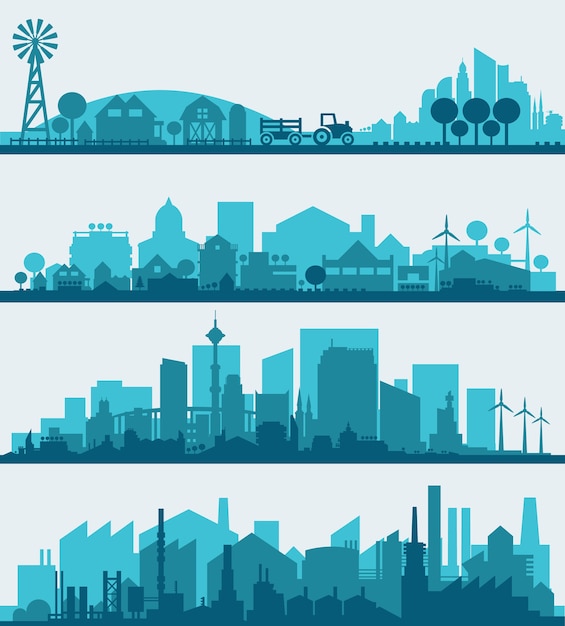 Vector abstracte stijlvolle stadsgezicht infographics. infographics elementen collectie met stad, stad, boerderij en industriële districten