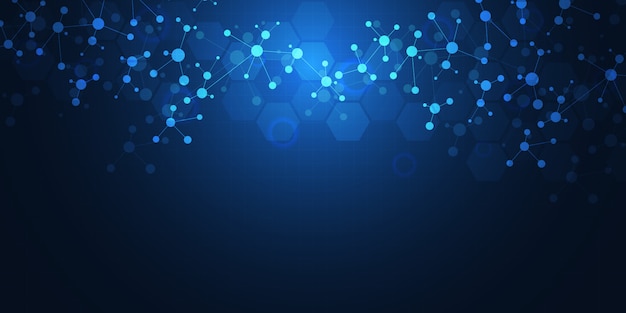 Abstracte technologie en innovatie achtergrond met moleculaire structuren en neuraal netwerk. Moleculen DNA en genetische manipulatie. Technisch en wetenschappelijk concept.