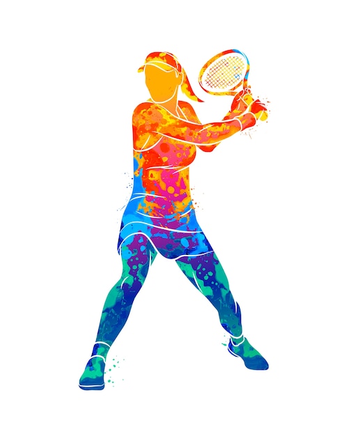 Abstracte tennisser met een racket van splash van aquarellen.