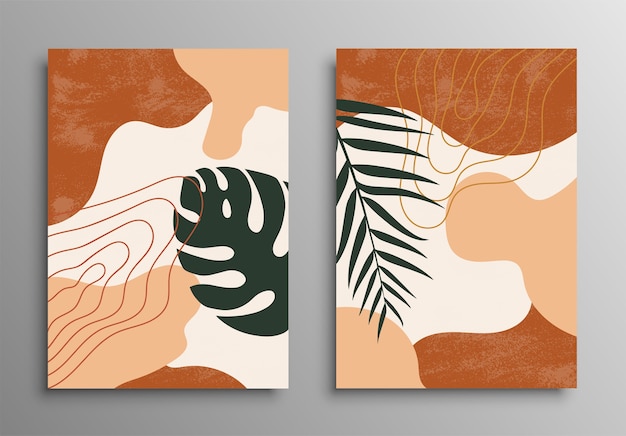 Abstracte tropische bladeren poster covers. abstracte achtergrond. Tropische bloem mode patroon. Palm, exotische bladeren. Voorraad.