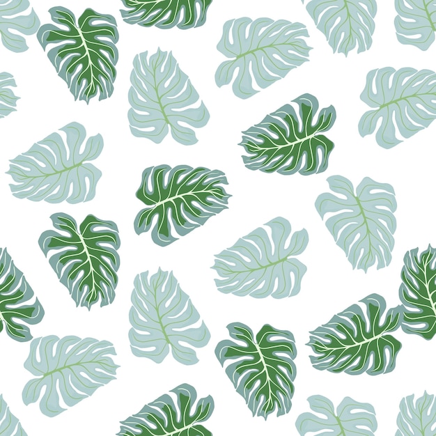 Abstracte tropische natuur naadloze patroon met groene en blauwe willekeurige monstera blad print. Geïsoleerde kunstwerken. Decoratieve achtergrond voor stofontwerp, textieldruk, inwikkeling, omslag. Vector illustratie.