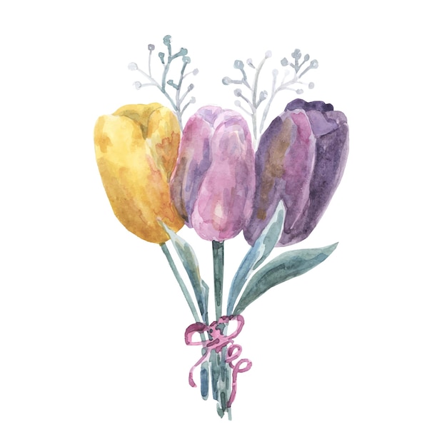 Abstracte tulpen bloemen violet roos en geel boeket aquarel