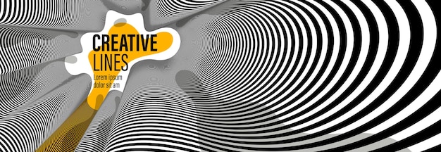 Abstracte vector 3D lijnen met gele vloeistof splat achtergrond zwarte en witte curven lineair perspectief dimensionaal optisch patroon