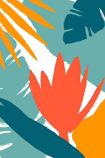 Abstracte verticale zomerposter met groene bladeren en rode bloem in vlakke stijl Ruwe randen