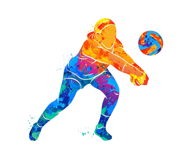 Abstracte volleyballer springen uit een scheutje aquarellen. illustratie van verven.