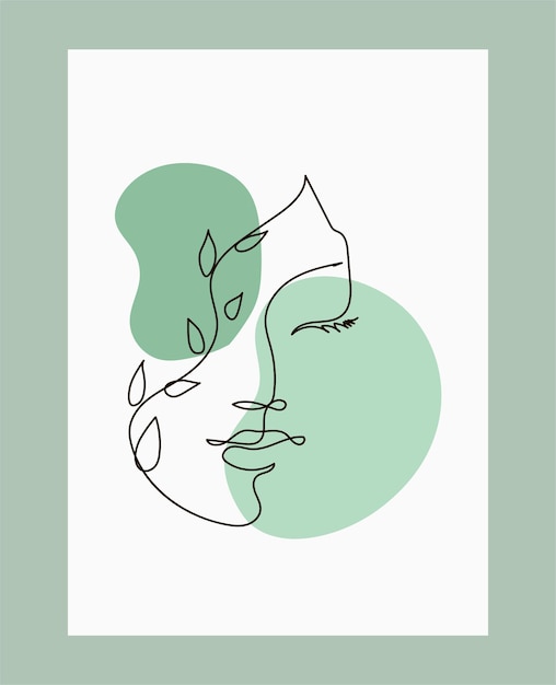 Abstracte vrouw poster Meisje met verschillende plant lijntekening Lijn gezicht illustratie vrouw met f