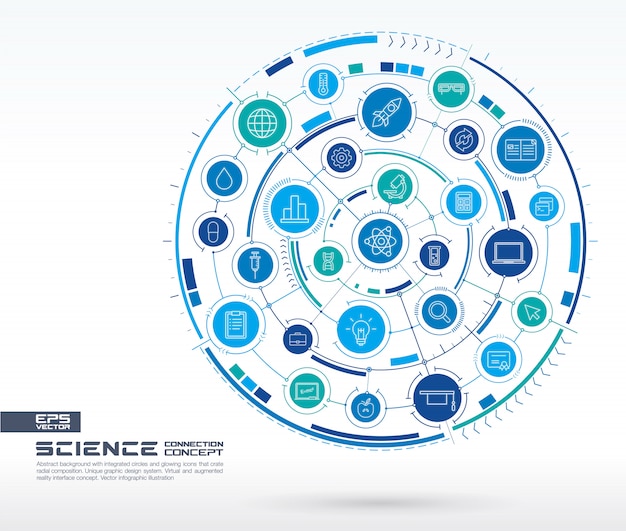 Abstracte wetenschap technologie achtergrond. Digitaal verbindingssysteem met geïntegreerde cirkels, gloeiende dunne lijnpictogrammen. Netwerksysteemgroep, interfaceconcept. toekomstige infographic illustratie