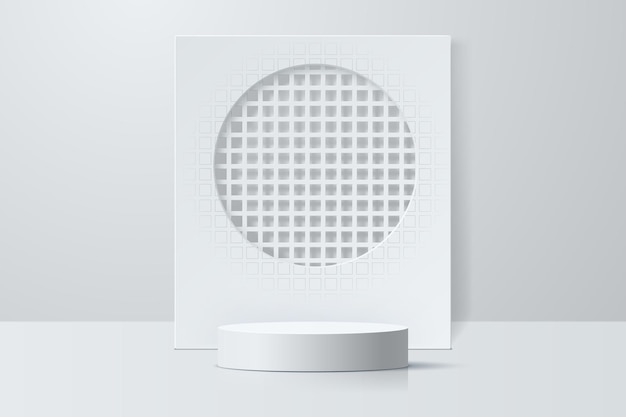 Vector abstracte witte 3d achtergrond met een podium op de achtergrond van een muur met een raster in een ronde nis.