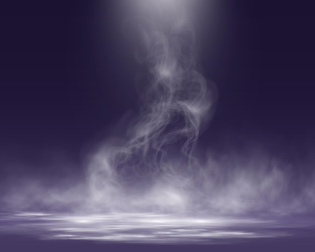 Abstracte witte rook of stoom die in de schijnwerpers opkomt op een donkere achtergrond mystiek damp-effect