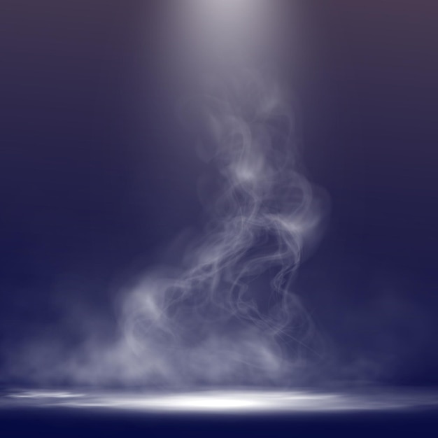 Abstracte witte rook of stoom die in de schijnwerpers opkomt op een donkere achtergrond mystiek damp-effect