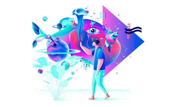 Vector abstracte xtreme kleurrijke illustratie vr-technologie man gamer cyberpower virtual reality