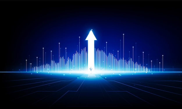 Abstracte zakenman pijl-omhoog Sleutel Deur stad open Lichte technische achtergrond Hitech communicatie concept innovatie vector achtergrondontwerp