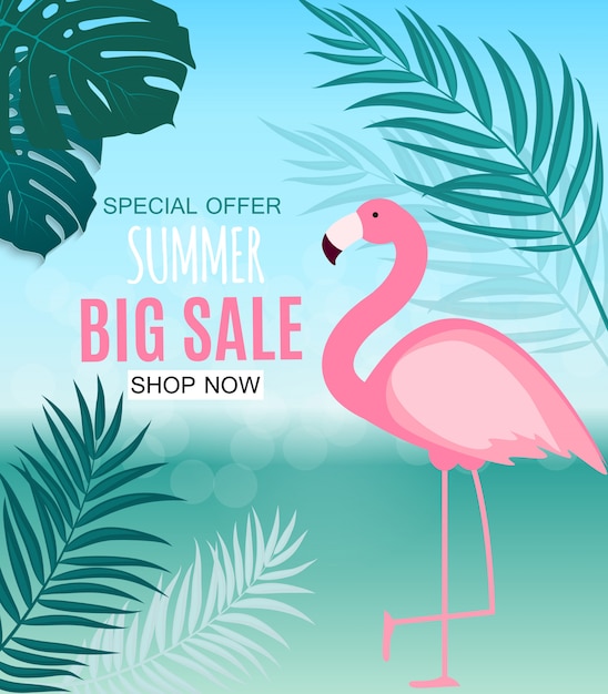 Abstracte zomer verkoop banner met palmbladeren en flamingo. vector illustratie