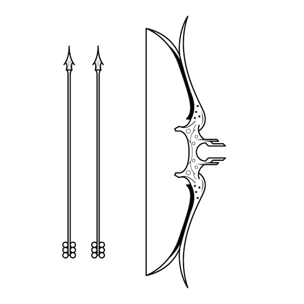 Abstracte zwarte eenvoudige lijn boog met pijlen wapen doodle schets element vector design stijl schets