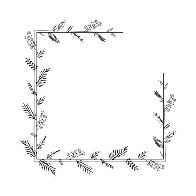 Abstracte Zwarte Eenvoudige Lijn Vierkant Met Blad Bladeren Frame Bloemen Doodle Overzicht Element Vector