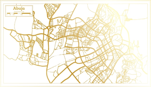 黄金色のレトロなスタイルのアブジャナイジェリアの都市地図。白地図。ベクトルイラスト。
