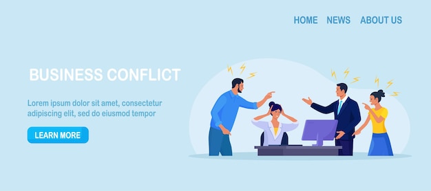 Abuse or bullying colleague People blaming at depressed businessman Worker sitting at desk with computer and documents hiding head Employees point fingers and laugh Emotional stress on work