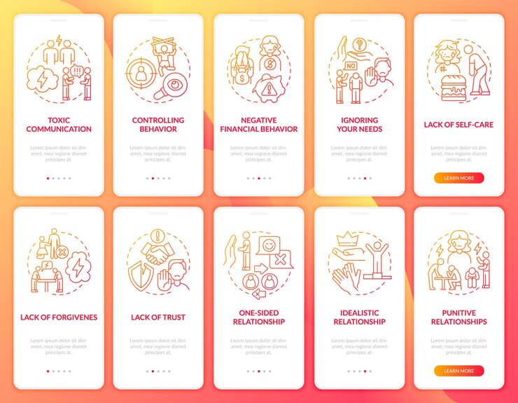 Vector abusive connection onboarding mobile app page screen. toxicity and hostility walkthrough 5 steps graphic instructions with concepts. ui, ux, gui vector template with linear color illustrations
