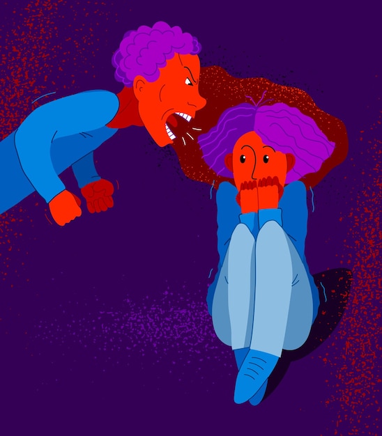 Abusive husband vector illustration, bad family man scream and shout on scared woman his wife, domestic violence, despotic husband, psychological violence abuse, alcoholism and aggression.