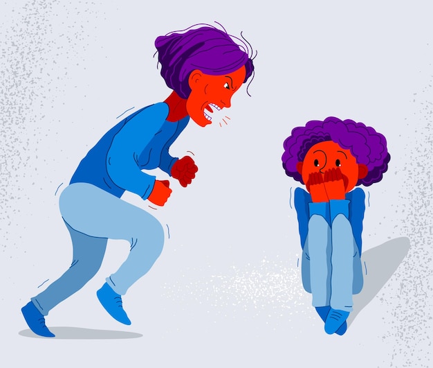 Vector abusive mother vector illustration, bad mother scream and shout on little frightened kid boy her son, domestic violence, victim child, despotic parent, psychological violence abuse.
