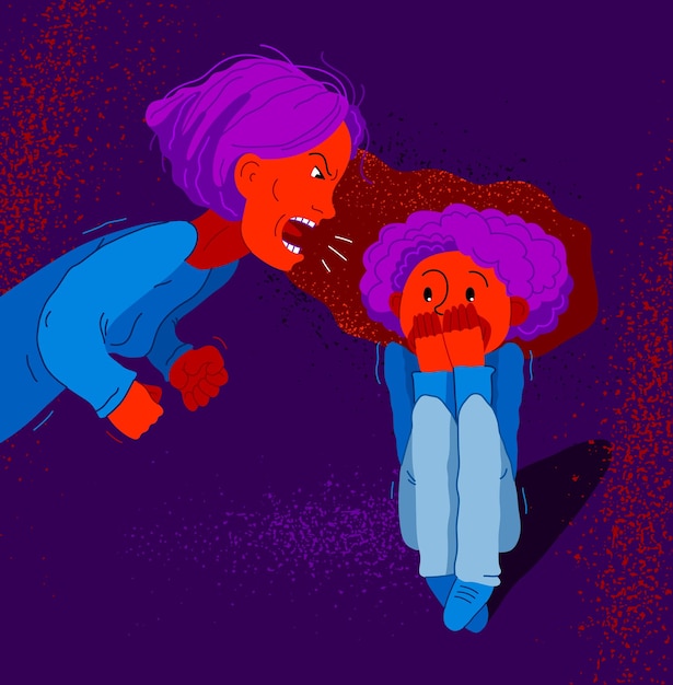 Abusive mother vector illustration, bad mother scream and shout on little frightened kid boy her son, domestic violence, victim child, despotic parent, psychological violence abuse.