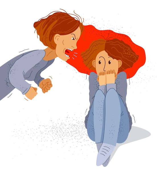 Abusive mother vector illustration, bad mother scream and shout on scared teen girl her daughter, domestic violence, victim child, despotic parent, psychological violence abuse.