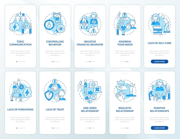 Abusive relationships onboarding mobile app page screen. Unhealthy communication walkthrough 5 steps graphic instructions with concepts. UI, UX, GUI vector template with linear color illustrations