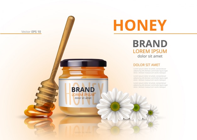 Acacia honey jar with wooden dipper vector realistic mock up flower background